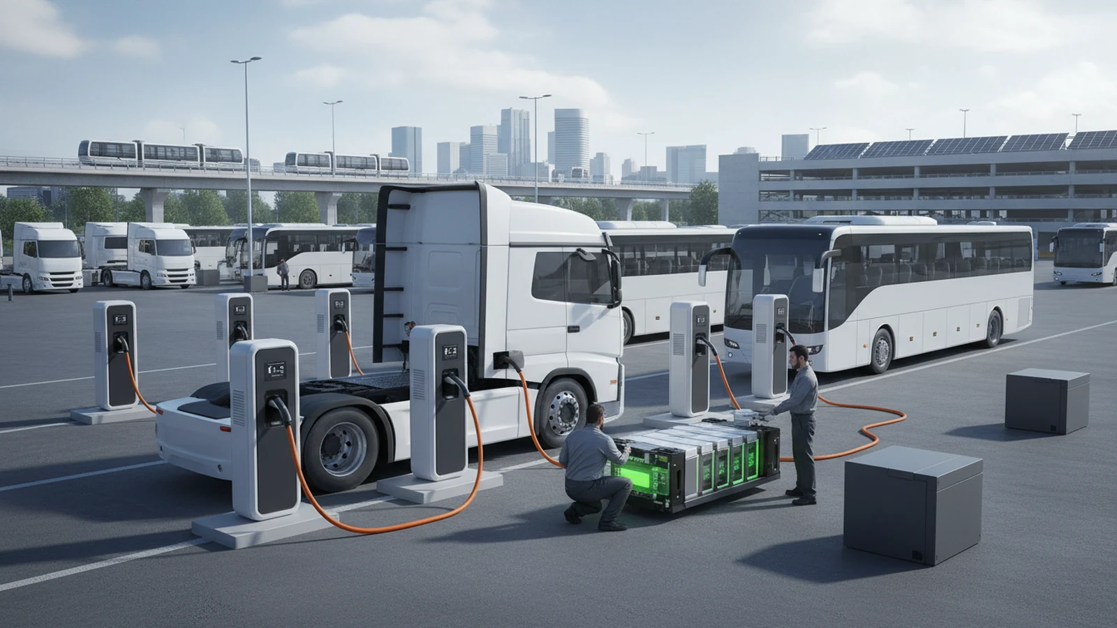 Ilustración editorial conceptual sin marca de charging infrastructure, electrification batteries aplicada a camiones logistica, autobuses autocares, infraestructuras ciudades, centrada en una acción profesional real.