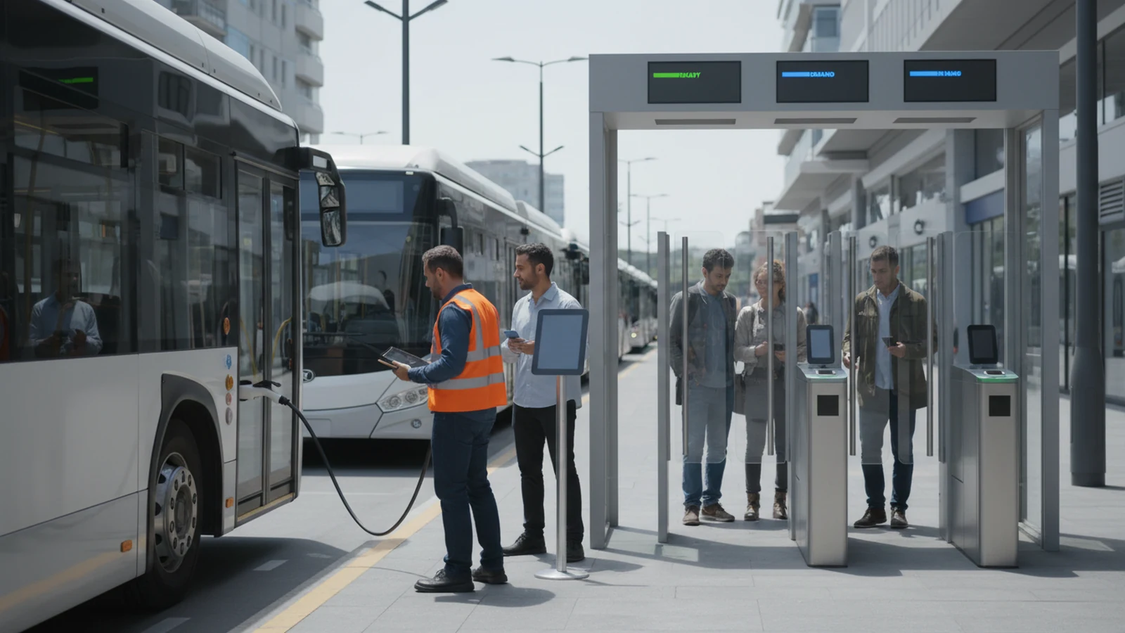 Ilustración editorial conceptual sin marca de ai automation, ticketing maas demand aplicada a autobuses autocares, infraestructuras ciudades, centrada en una acción profesional real.
