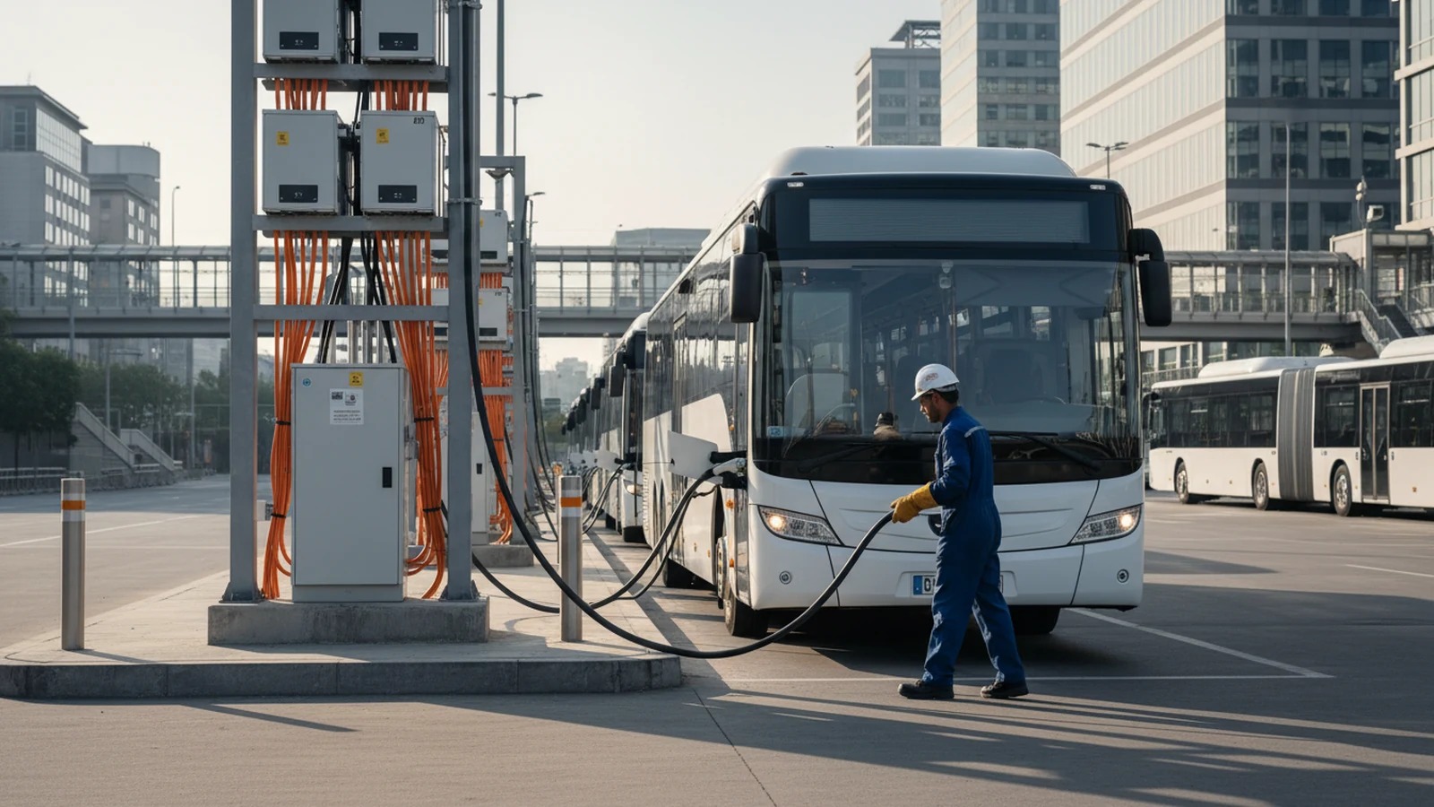 Ilustración editorial conceptual sin marca de electrification batteries, charging infrastructure aplicada a autobuses autocares, infraestructuras ciudades, centrada en una acción profesional real.