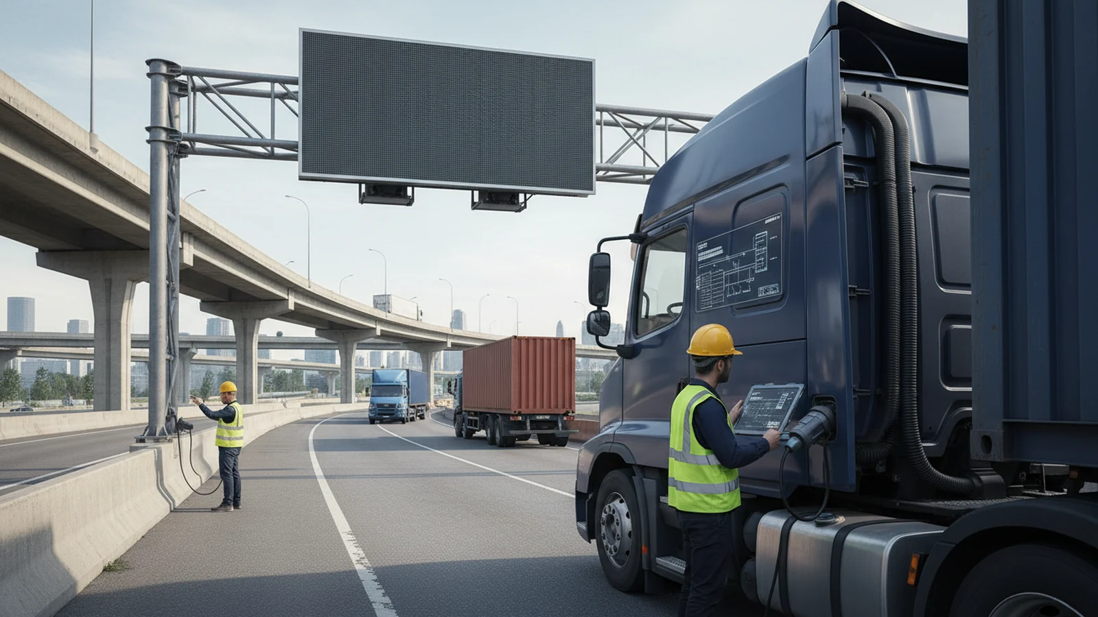 Ilustración editorial conceptual sin marca de fleet software telematics, digital regulation standards aplicada a camiones logistica, infraestructuras ciudades, centrada en una acción profesional real.