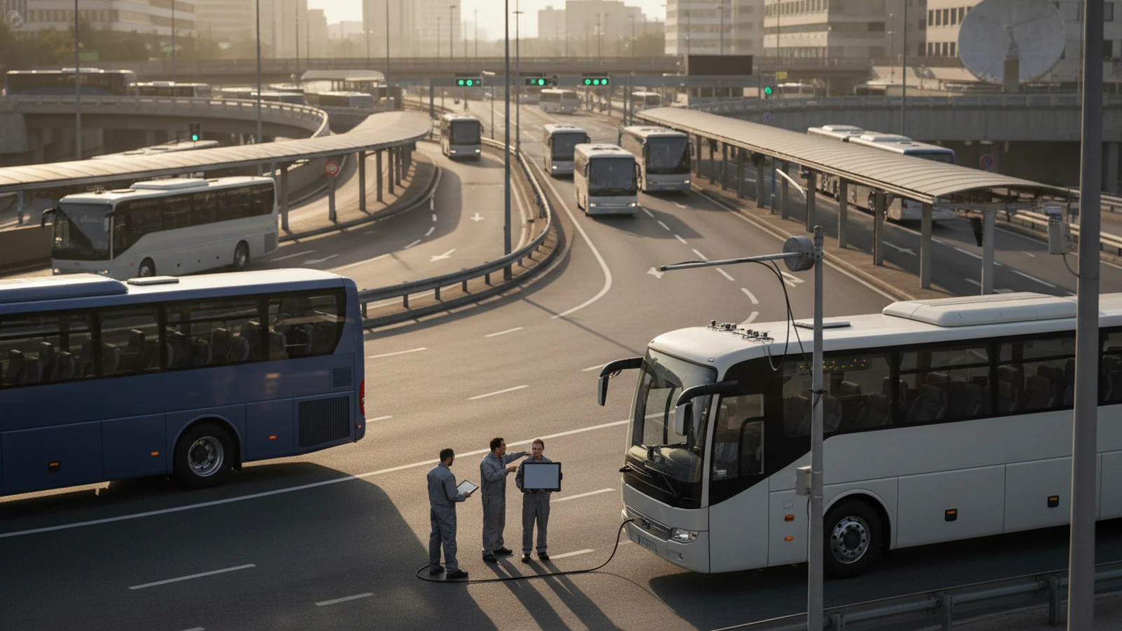 Ilustración editorial conceptual sin marca de fleet software telematics, autonomous adas, connected v2x its aplicada a autobuses autocares, infraestructuras ciudades, centrada en una acción profesional real.