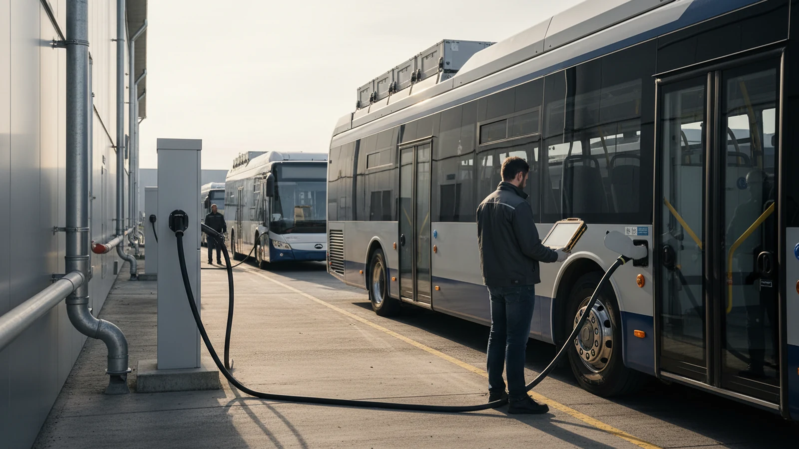 Ilustración editorial conceptual sin marca de electrification batteries, charging infrastructure aplicada a autobuses autocares, centrada en una acción profesional real.