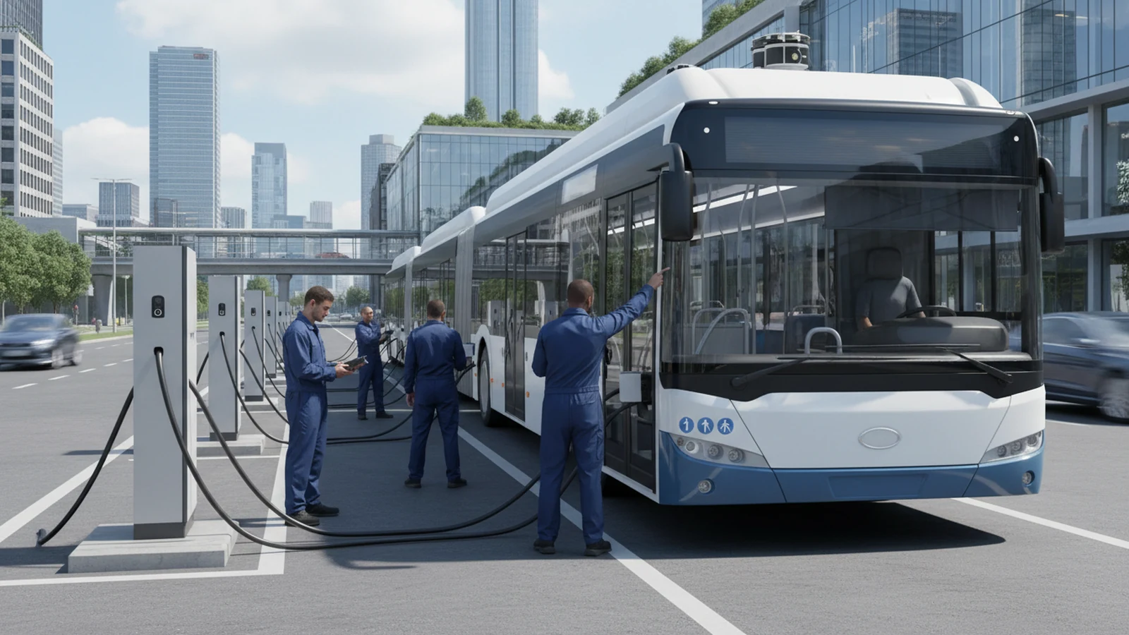Ilustración editorial conceptual sin marca de autonomous adas, electrification batteries, smart mobility cities aplicada a autobuses autocares, infraestructuras ciudades, centrada en una acción profesional real.
