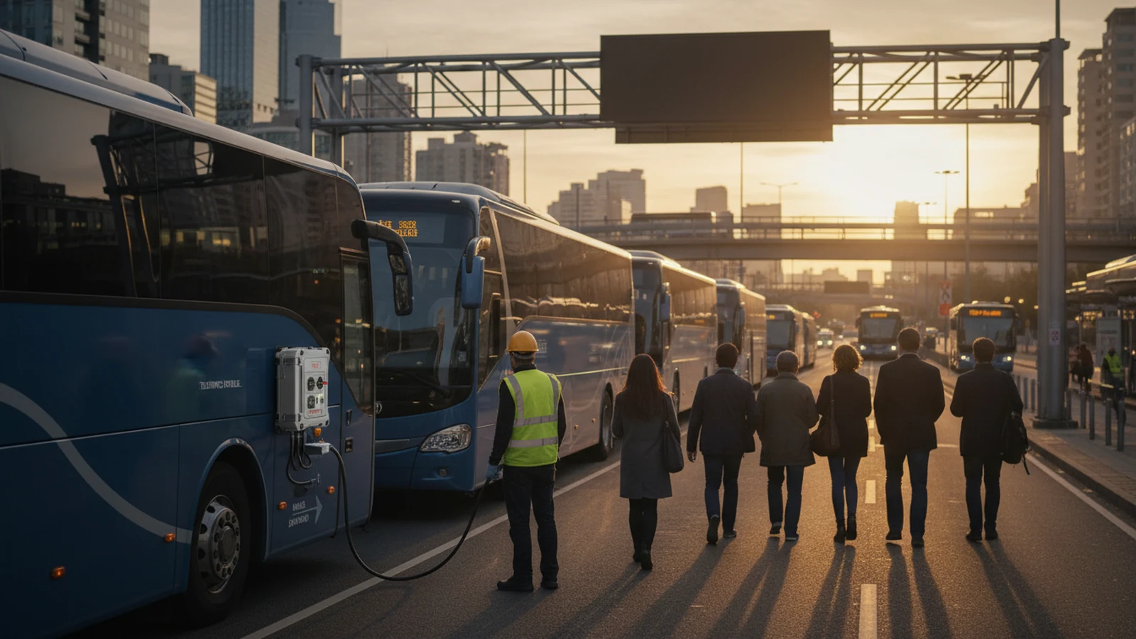 Ilustración editorial conceptual sin marca de fleet software telematics, connected v2x its, ticketing maas demand aplicada a autobuses autocares, infraestructuras ciudades, centrada en una acción profesional real.
